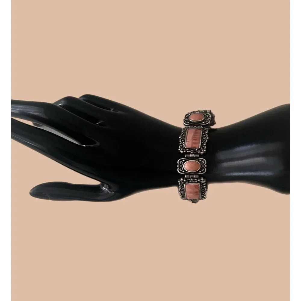 Brighton Park Avenue Pink Leather Inlay Etched Silver Link Bracelet